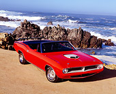 AUT 23 RK1002 06
1970 Plymouth, Cuda Convertible, Orange Overhead 3/4 Front View On Sand By Ocean