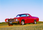 AUT 23 RK1016 03
1972 Chevrolet, El Camino SS, Red White Stripe 3/4 Low Front View On Grass