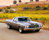 AUT 23 RK1027 01
1970 Chevrolet, El Camino, Gray Black Stripe, 3/4 Front View On Pavement By Vineyard