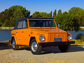 AUT 23 RK1051 01
1974 Volkswagen Thing Type 181 Orange Low 3/4 Front View On Pavement By Water