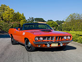 AUT 23 RK1074 01
1971 Plymouth Hemi Barracuda Convertible Rallye Red 3/4 Front View On Pavement By Trees