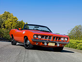 AUT 23 RK1075 01
1971 Plymouth Hemi Barracuda Convertible Rallye Red Low 3/4 Front View On Pavement
