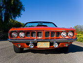 AUT 23 RK1076 01
1971 Plymouth Hemi Barracuda Convertible Rallye Red Low Head On View On Pavement