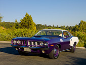 AUT 23 RK1080 01
1971 Plymouth Hemi Barracuda Plum Crazy And White 3/4 Front View On Pavement By Trees
