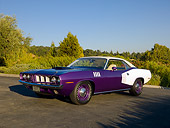 AUT 23 RK1081 01
1971 Plymouth Hemi Barracuda Plum Crazy And White 3/4 Front View On Pavement By Trees