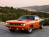 AUT 23 RK1083 01
1971 Plymouth Hemi Barracuda Red 3/4 Front View On Pavement By Trees