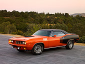 AUT 23 RK1084 01
1971 Plymouth Hemi Barracuda Red 3/4 Front View On Pavement By Trees