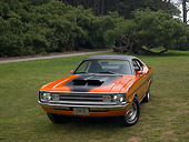 AUT 23 RK1126 01
1972 Dodge Demon Orange 3/4 Front View On Grass Trees Background