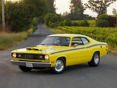 AUT 23 RK1189 01
1972 Plymouth Duster Yellow 3/4 Side View On Pavement