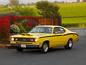 AUT 23 RK1191 01
1972 Plymouth Duster Yellow 3/4 Side View On Pavement
