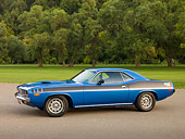 AUT 23 RK1248 01
1973 Plymouth Cuda Blue 3/4 Side View On Pavement
