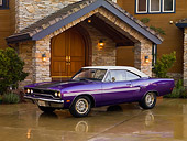 AUT 23 RK1254 01
1970 Plymouth GTX Purple 3/4 Side View On Driveway