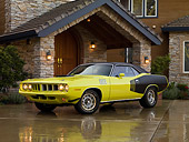 AUT 23 RK1259 01
1971 Plymouth Cuda Yellow 3/4 Front View On Driveway