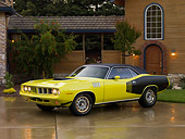 AUT 23 RK1262 01
1971 Plymouth Cuda Yellow 3/4 Side View On Driveway