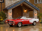 AUT 23 RK1264 01
1971 Plymouth Cuda Convertible Red 3/4 Side View On Driveway