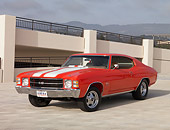 AUT 23 RK1266 01
1971 Chevrolet Chevelle SS 572 Red White Stripes 3/4 Front View On Pavement