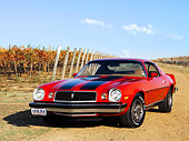 AUT 23 RK1598 01
1974 Chevrolet Camaro Z-28 Red 3/4 Front View On Dirt In Vineyard
