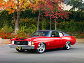 AUT 23 RK1620 01
1972 Chevrolet Chevelle SS Red 3/4 Front View On Pavement By Trees