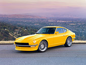 AUT 23 RK1673 01
1972 Datsun 240Z Yellow 3/4 Front View On Road Overlooking Valley