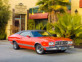 AUT 23 RK1749 01
1973 Ford Gran Torino Sport Red 3/4 Front View On Pavement By Building
