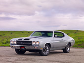 AUT 23 RK1770 01
1970 Chevrolet Chevelle SS 454 Silver And Black Stripe 3/4 Front View On Pavement By Hill