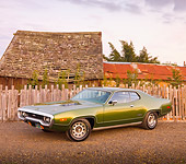 AUT 23 RK1777 01
1971 Plymouth GTX Green 3/4 Front View On Dirt By Fence And Barn