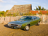 AUT 23 RK1783 01
1971 Plymouth GTX Green 3/4 Front View On Dirt By Fence And Barn