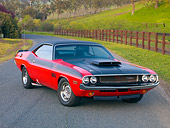 AUT 23 RK1810 01
1970 Dodge Challenger T/A 340 Six Pak Red And Black 3/4 Front View On Pavement By Hills