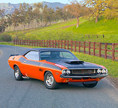 AUT 23 RK1811 01
1970 Dodge Challenger T/A 340 Six Pak Red And Black 3/4 Front View On Pavement By Hills