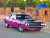 AUT 23 RK1816 01
1970 Dodge Challenger T/A 340 Six Pak Red And Black 3/4 Front View On Pavement By Brick And Stone Wall