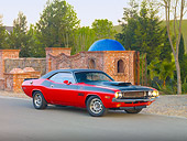 AUT 23 RK1817 01
1970 Dodge Challenger T/A 340 Six Pak Red And Black 3/4 Front View On Pavement By Brick And Stone Wall