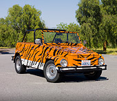 AUT 23 RK1820 01
1973 Volkswagen Type 181 Thing Tiger Stripes 3/4 Front View On Pavement By Trees