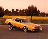 AUT 24 RK0102 04
1982 Buick Regal Lowrider Orange With Hydrolics 3/4 Side View On Pavement By Yellow Flowers Filtered