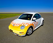 AUT 25 RK1143 03
1998 VW Beetle White With Flames Wide Angle 3/4 Front View On Pavement Blue Sky