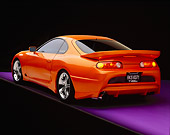 AUT 25 RK1271 04
1995 Toyota Supra Custom Orange And Black 3/4 Rear View On Purple Floor Gray Line Studio
