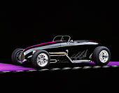 AUT 25 RK1054 03
1999 Moal Special Roadster Black 3/4 Side View On Checkerboard Line Purple Floor And Lighting Studio