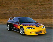 AUT 25 RK1166 05
1999 Mitsubishi Eclipse GSX Custom Black With Flames 3/4 Front View On Pavement By Hill