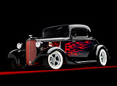 AUT 26 BK0008 01
1933 Chevrolet Mercury CC Coupe Hot Rod Black With Red Flames 3/4 Front View Studio