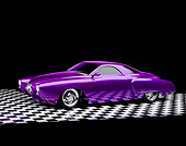 AUT 26 RK0097 05
Custom Frankenstude Purple Hot Rod 3/4 Side View On Checkered Floor Studio
