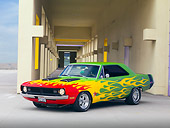 AUT 26 RK2804 01
1970 Dodge Dart Swinger Hot Rod Red, Yellow, Green 3/4 Front View On Pavement By Building