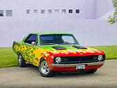 AUT 26 RK2805 01
1970 Dodge Dart Swinger Hot Rod Red, Yellow, Green 3/4 Front View On Pavement By Building