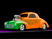 AUT 26 RK2808 01
1941 Willys Coupe Hot Rod Orange And Green 3/4 Front View Studio