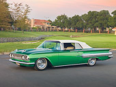 AUT 26 RK2816 01
1960 Chevrolet Impala Convertible Hot Rod Green 3/4 Front View On Pavement By Grass And Trees