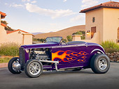 AUT 26 RK2846 01
1932 Ford Roadster Hot Rod Purple 3/4 Front View On Pavement By Building