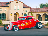 AUT 26 RK2849 01
1933 Ford Hi-Boy Coupe Hot Rod Red 3/4 Front View On Pavement By Building