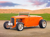 AUT 26 RK2860 01
1932 Ford Hi-Boy Roadster Hot Rod Orange 3/4 Front View On Pavement By Hills
