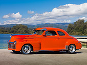 AUT 26 RK2899 01
1941 Pontiac Special Coupe Hot Rod Orange With Flames 3/4 Front View On Pavement By Lake