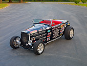 AUT 26 RK2928 01
1932 Ford Roadster Hot Rod Black With Decals 3/4 Front View On Pavement