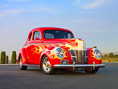 AUT 26 RK2936 01
1940 Ford Deluxe Coupe Hot Rod Red With Flames 3/4 Front View On Pavement