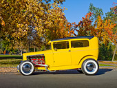 AUT 26 RK2943 01
1931 Ford Sedan Hot Rod Yellow Profile View On Pavement By Trees